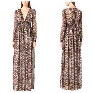 Michael Kors Nwot Longsleeve Chiffon Leopard Metalic Thread Shimmer Maxidress
